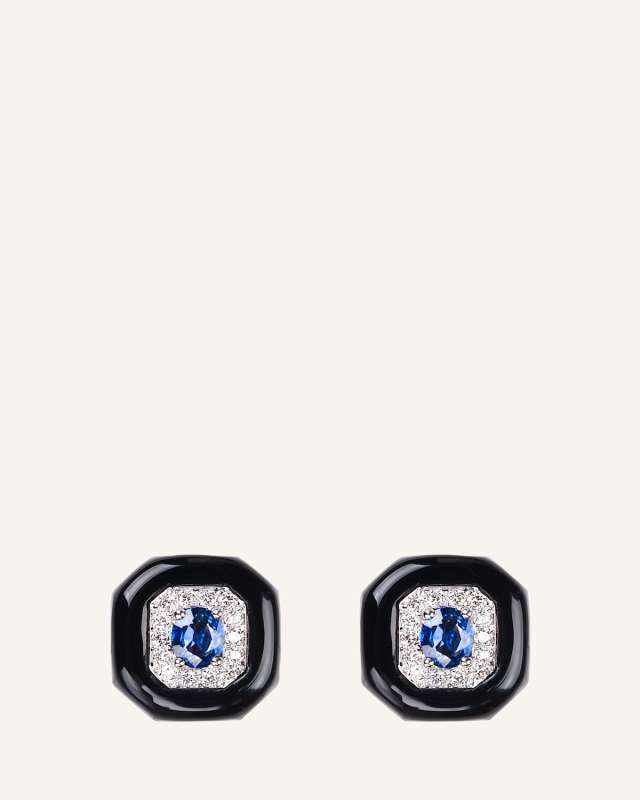 Oui 18k White Gold Black Enamel & Sapphire Button Earrings